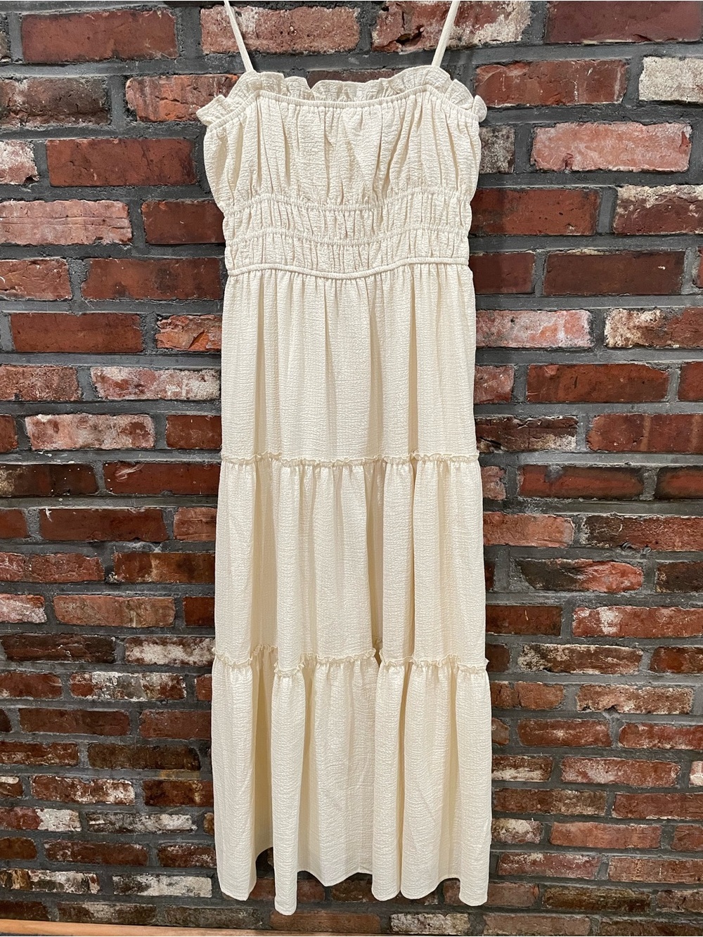 Astr Cream Smocked Tiered Maxi Dress with Spaghetti Straps